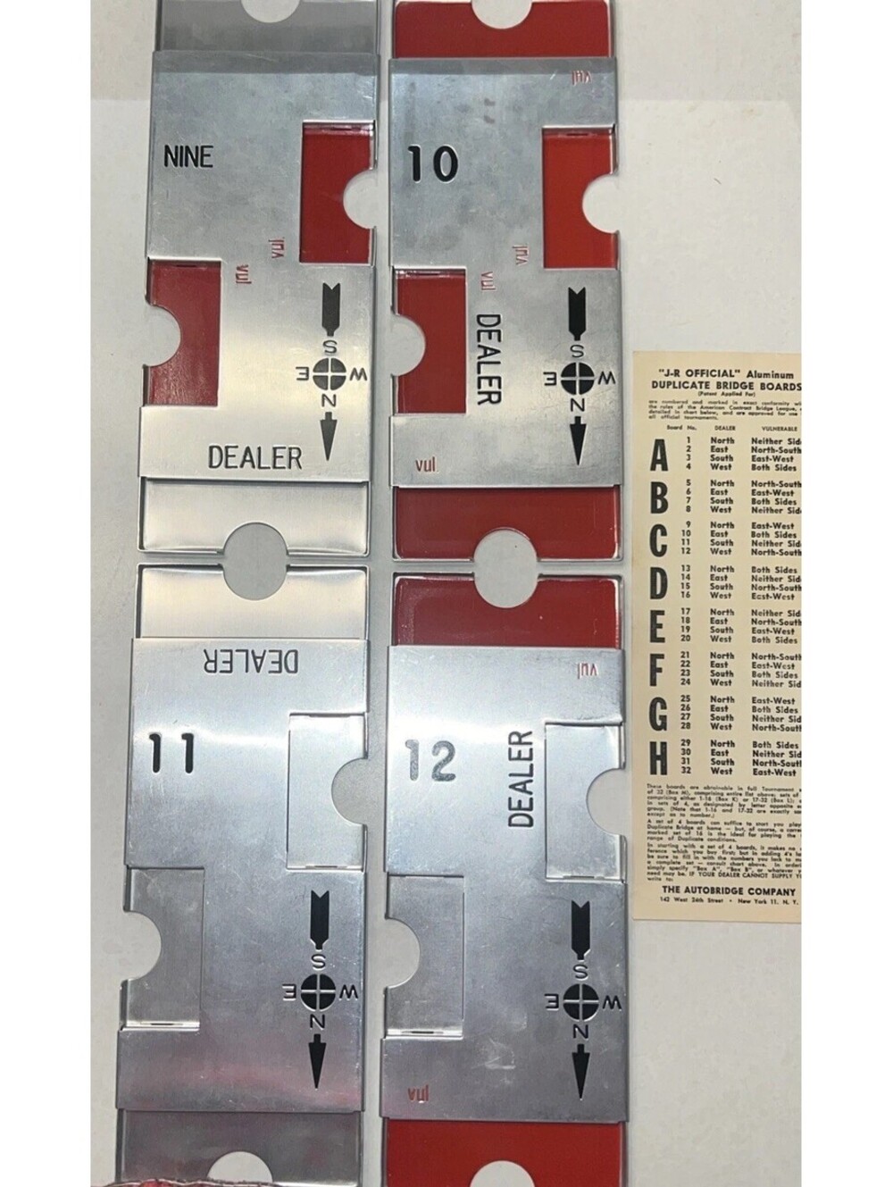 J-R Aluminum Duplicate Bridge Boards - Set "C" 9 - 12  Nice Vintage Condition